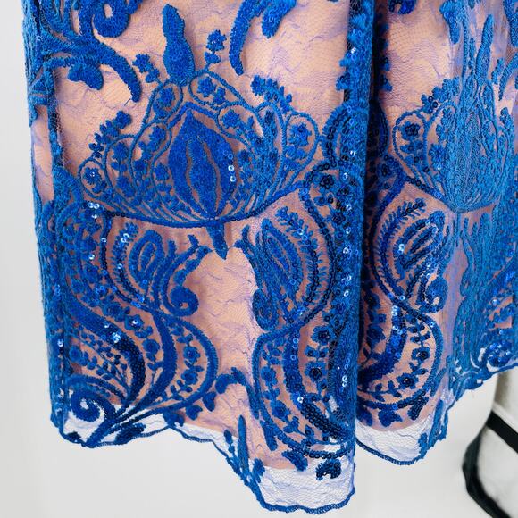 Free People Navy Blue Sequin Lace Nude Strappy Cocktail Fancy Slip Dress 4 NWT - Picture 6 of 14